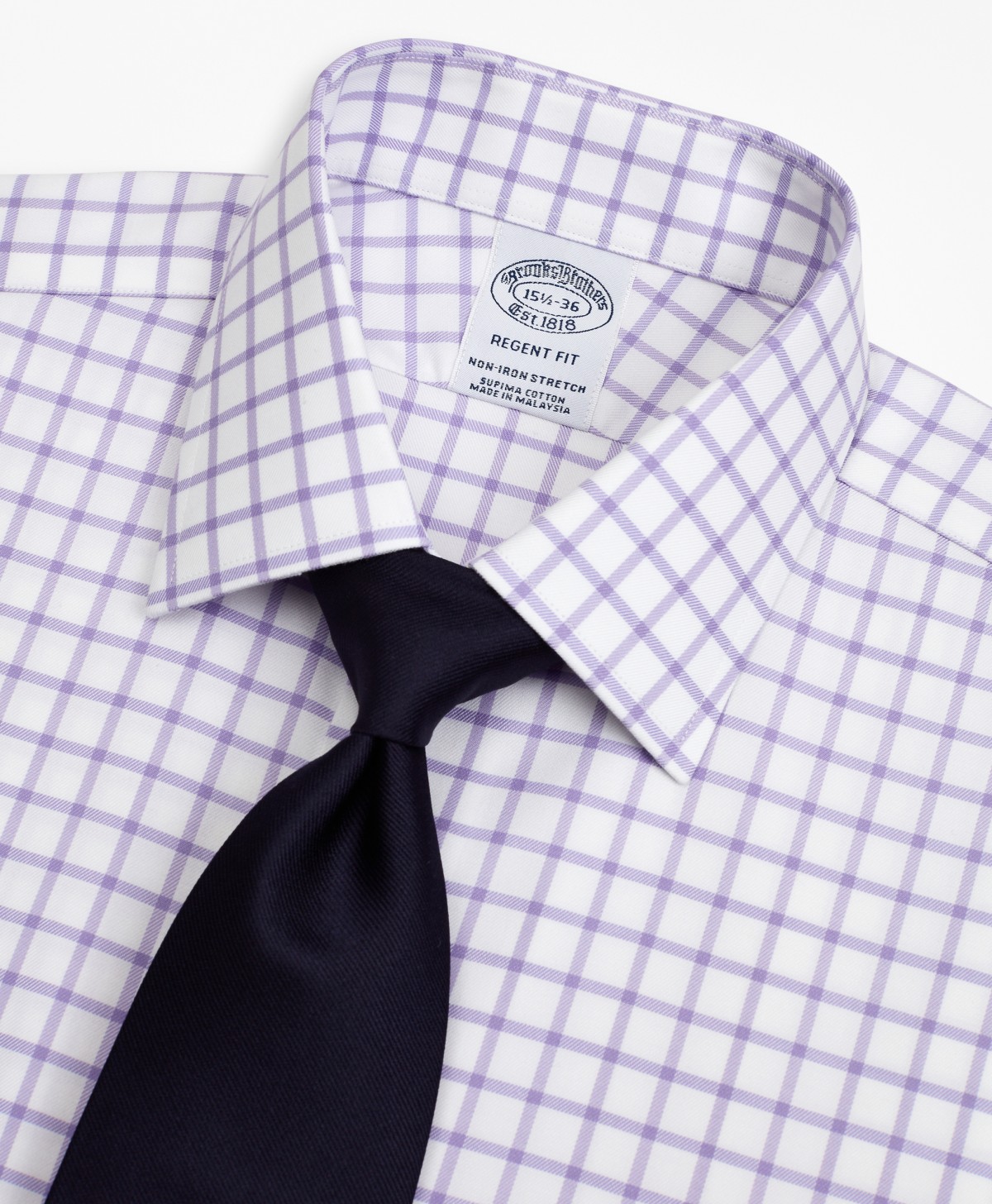 Stretch Regent Fitted Dress Shirt, Non-Iron Twill Ainsley Collar French Cuff Grid Check